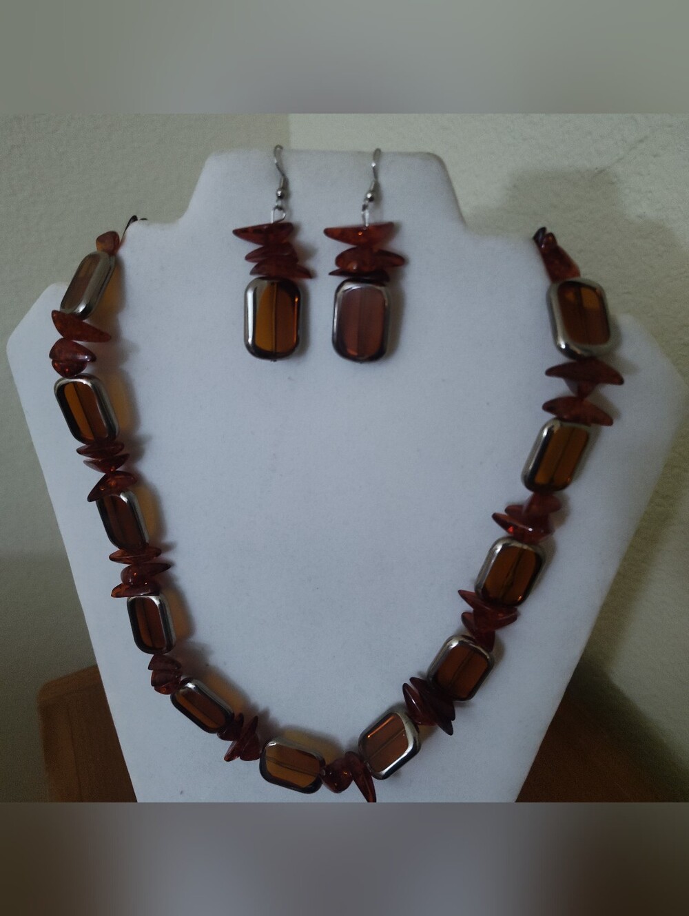 Amber Brown Glass Bead Necklace and Drop Earrings Set - Women Jewelry